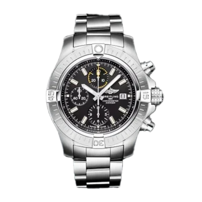 A13317101b1a1 cielonia watches Breitling Avenger Chronograph 45mm A13317101B1A1 Matte Silver Stainless steel Mens watch with black dial Yellow chronograph sub dials and date window at 3 oclock and Stainless steel watch bracelet