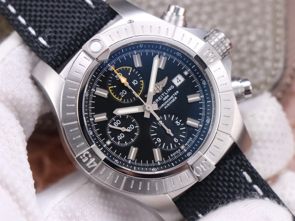 Close-up of Breitling Avenger Chronograph A13317101B1X1 dial details