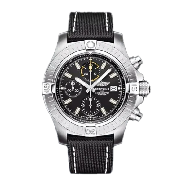 A13317101b1x1 cielonia watches Breitling Avenger Chronograph 45mm A13317101B1X1 Matte Silver Stainless steel Mens watch with black dial Yellow chronograph sub dials and date window at 3 oclock