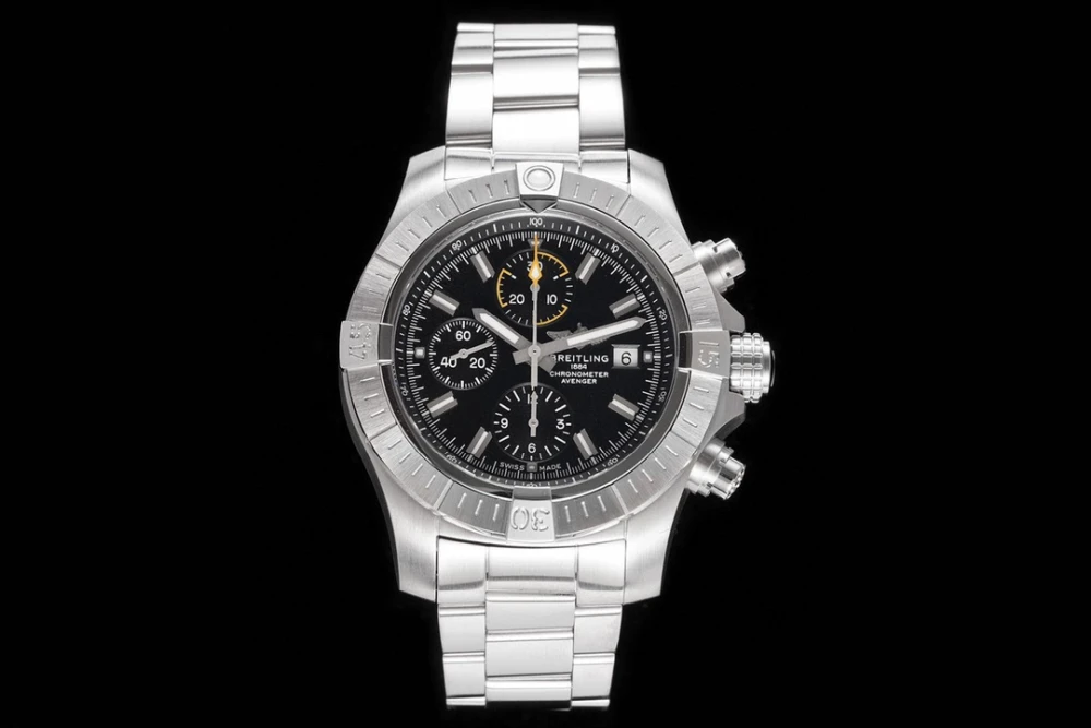 Breitling Avenger Chronograph watch with black dial, stainless steel case and metal bracelet, front view