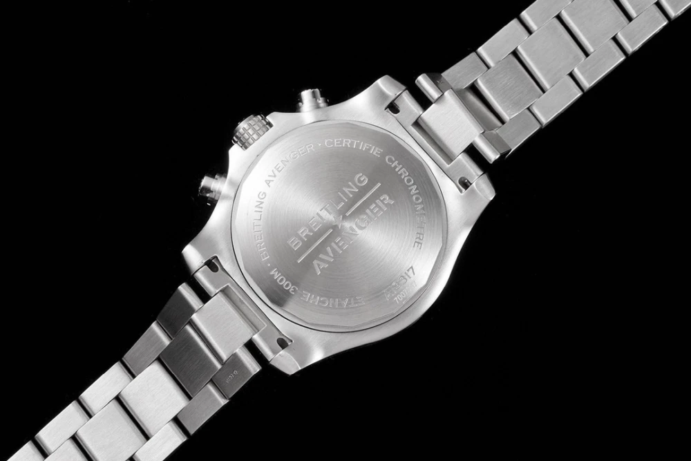 Rear view of Breitling Avenger stainless steel case back with engraved brand lettering and chronometer certification