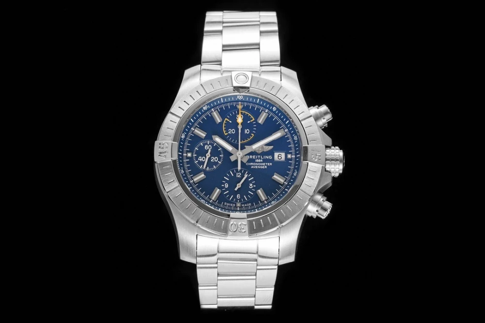 Breitling Avenger Chronograph 45mm watch with blue dial, stainless steel case and metal bracelet, front view