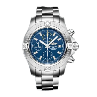 A13317101c1a1 cielonia watches Breitling Avenger Chronograph 45mm A13317101C1A1 Matte Silver Stainless steel Mens watch with blue dial Yellow chronograph sub dials and date window at 3 oclock and Stainless steel watch bracelet