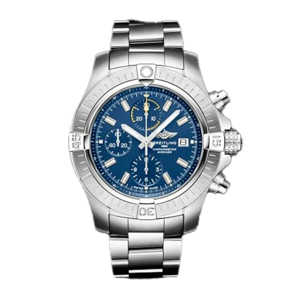 Breitling Avenger Chronograph 45mm A13317101C1A1 Matte Silver Stainless steel Mens watch with blue dial Yellow chronograph sub dials and date window at 3 oclock and Stainless steel watch bracelet