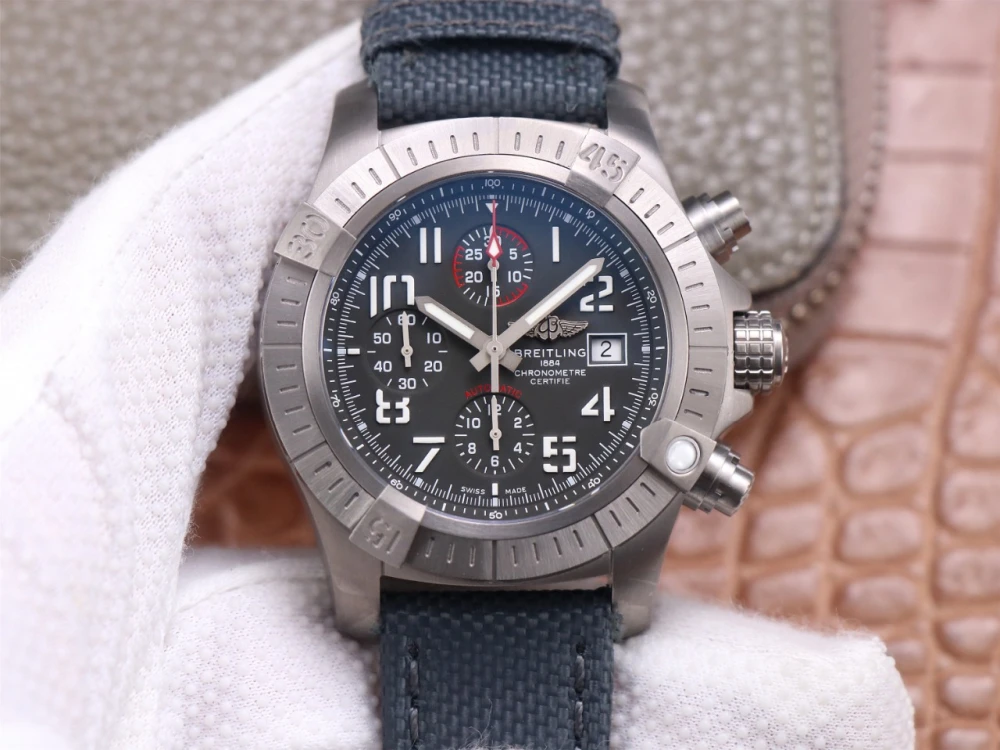 Breitling Avenger Chronograph A13375101B1X2 titanium case, Black dial, red-accented 30-minute counter, and black nylon strap