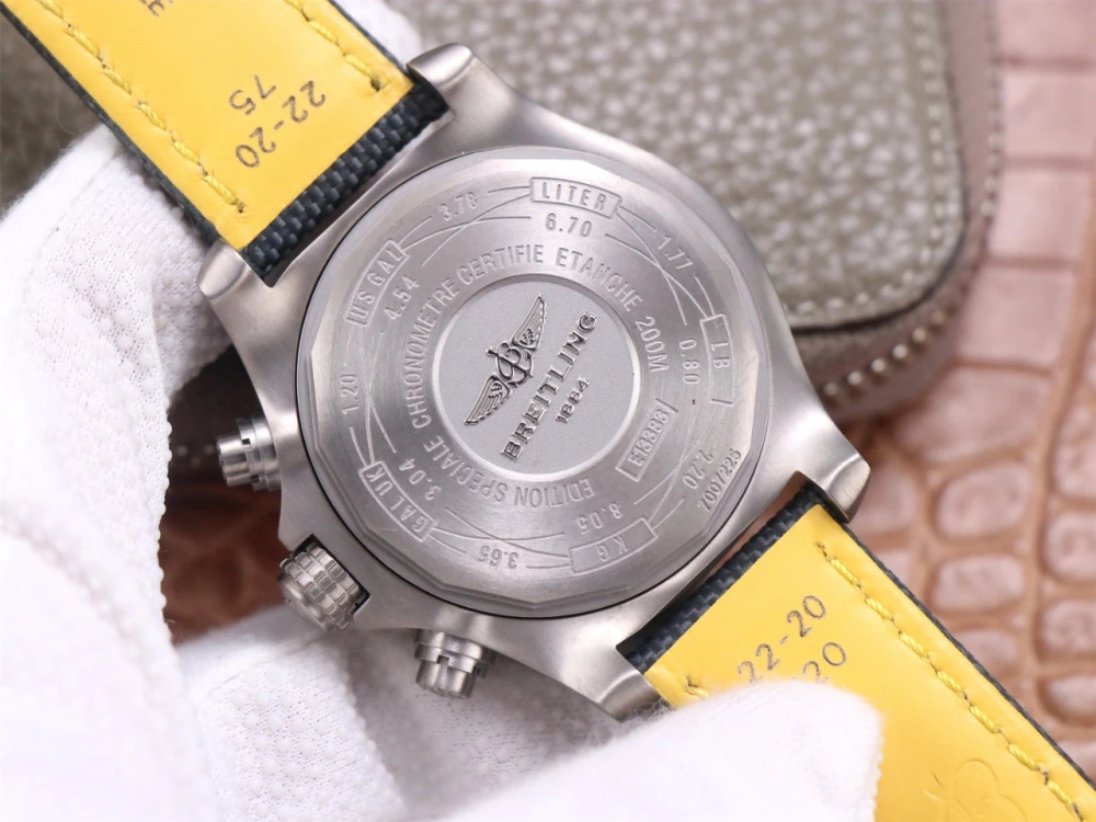 Solid titanium case back of Breitling Avenger Chronograph A13375101B1X2, engraved with 'EDITION SPECIALE' and unit conversion scales