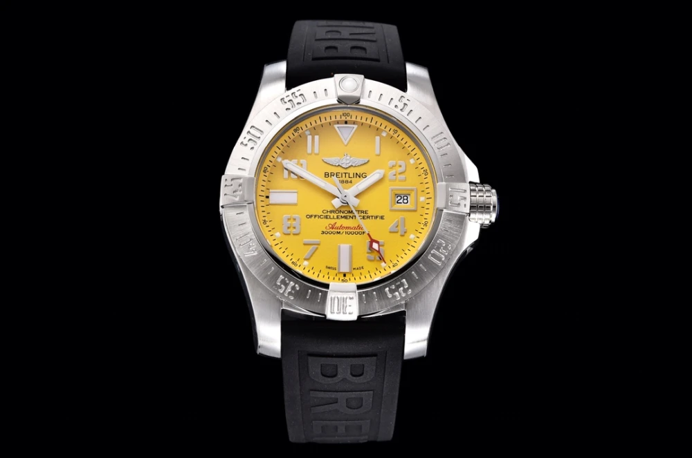 Breitling Avenger II Seawolf 45mm PVD Matte Silver Dive Watch with Yellow Dial and Diver Pro III Deep Diving Rubber Strap