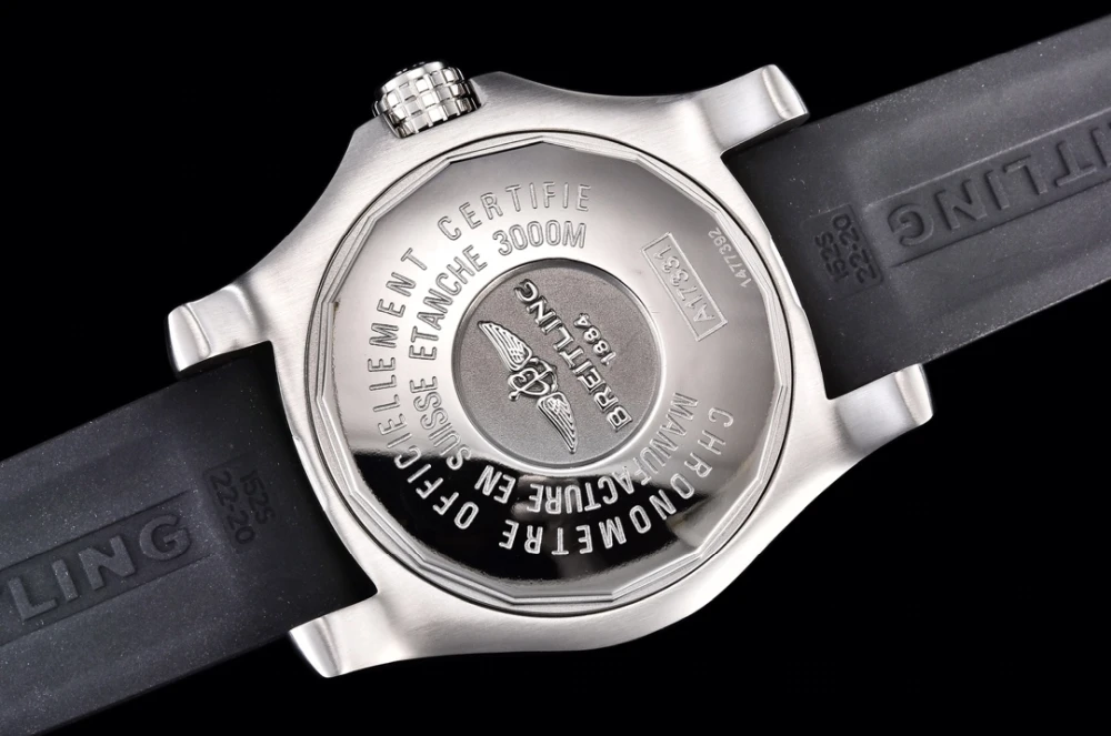 Breitling Avenger II Seawolf Matte Silver Case yellow dial Back with A17331 engraving