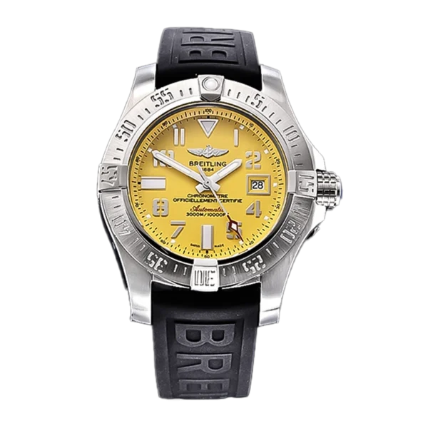 Breitling Avenger II Seawolf 45mm PVD Matte Silver Dive Watch with Yellow Dial