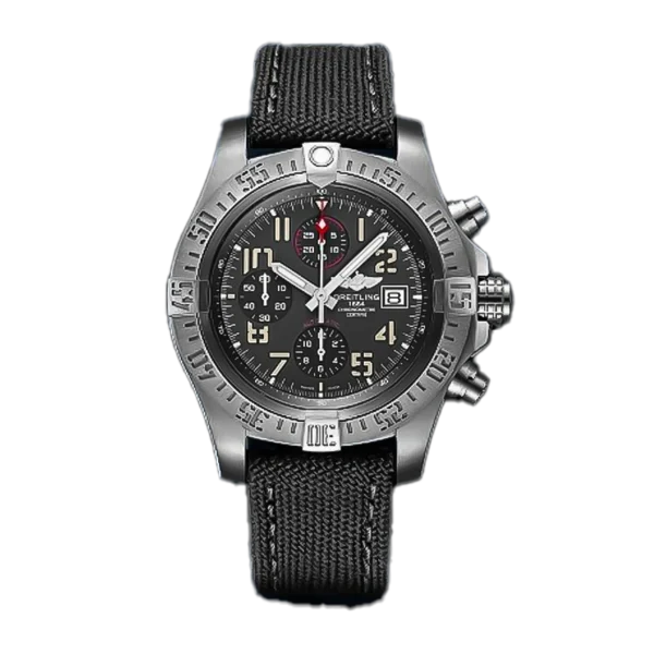 Breitling Avenger Chronograph 45mm A13375101B1X2 Matte Silver Stainless steel Mens watch with black dial Red chronograph sub dials and date window at 3 oclock