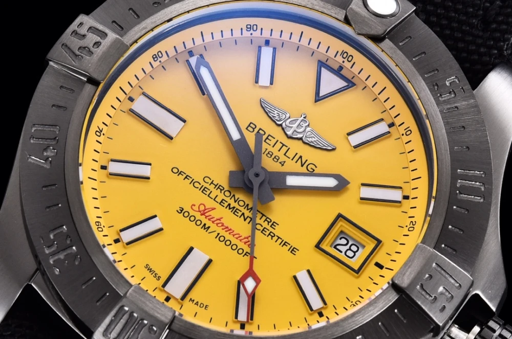 Breitling Avenger II Seawolf Yellow Dial Sapphire Crystal Close-up with Date Window