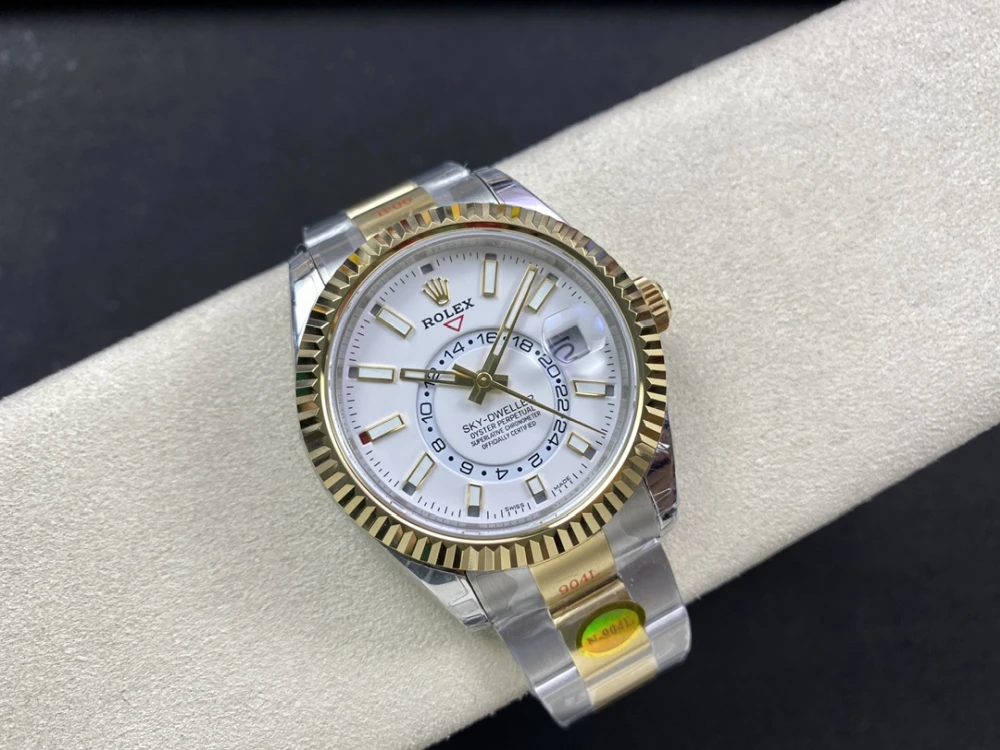 Rolex Sky Dweller watch white dial full view displayed 