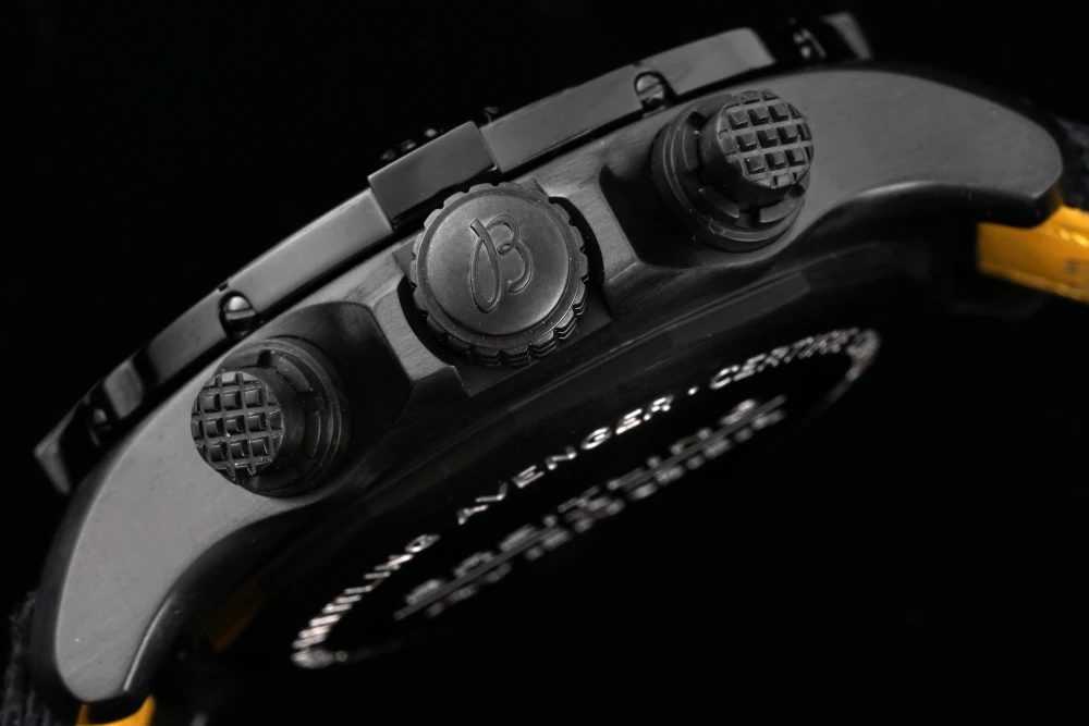 Breitling Avenger Chronograph black DLC case back with textured chronograph pushers and crown with B logo