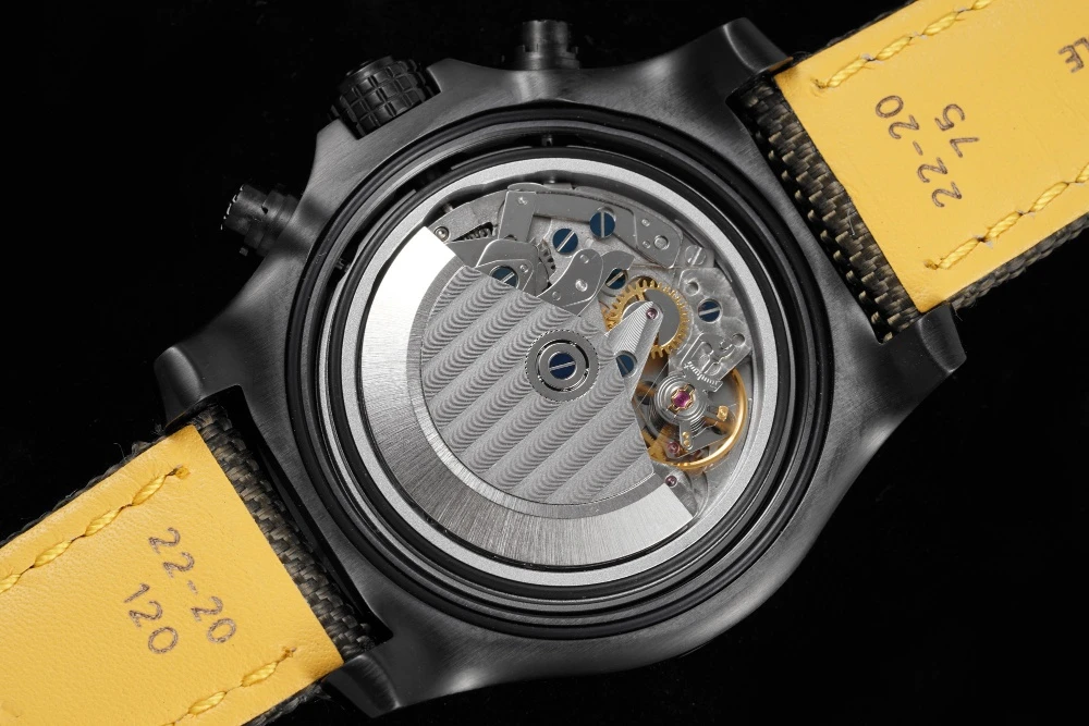 Open case back of Breitling Avenger Chronograph V13317101B1X1, revealing automatic movement with Côtes de Genève finishing
