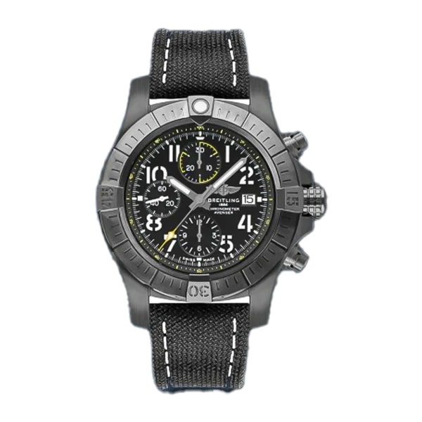 Breitling Avenger Chronograph 45mm V13317101B1X1 Matte Black Stainless steel watch with black dial Yellow chronograph sub dials and date window at 3 oclock