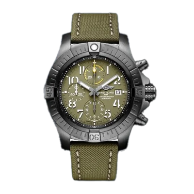 V13317101l1x1 cielonia watches Breitling Avenger Chronograph 45mm V13317101L1X1 Matte Black Stainless steel case Mens watch with Green dial Yellow chronograph sub dials and date window at 3 oclock and Green Nylon strap