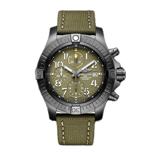 Breitling Avenger Chronograph 45mm V13317101L1X1 Matte Black Stainless steel case Mens watch with Green dial Yellow chronograph sub dials and date window at 3 oclock and Green Nylon strap