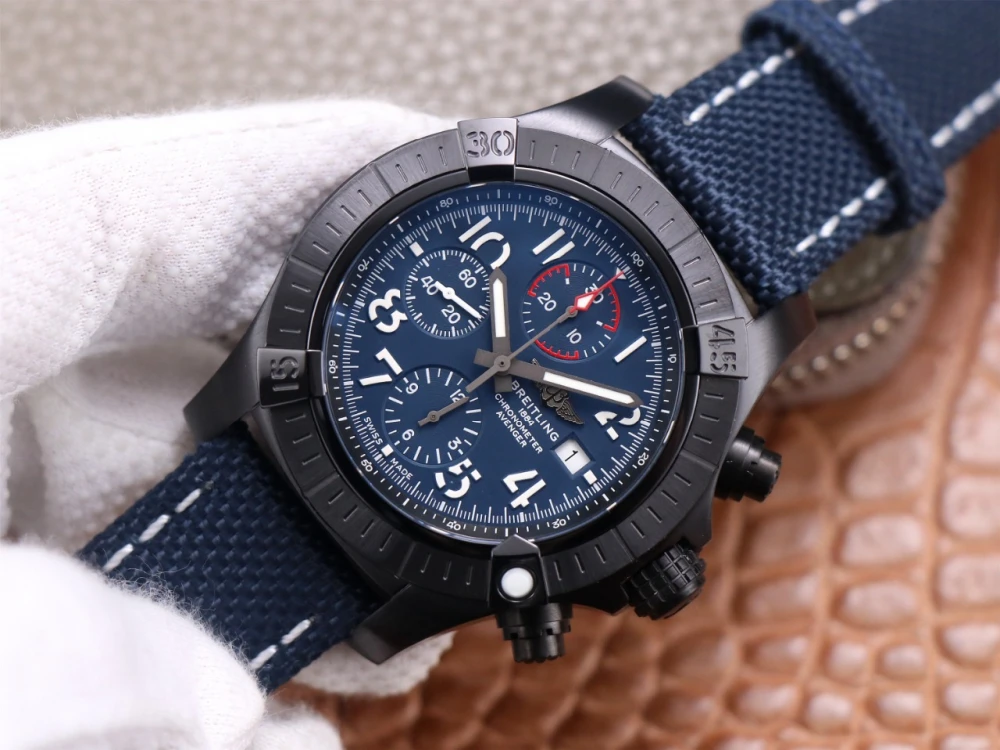 Breitling Avenger Chronograph V13317 replica navy canvas strap, black DLC bezel and blue dial with functional chronograph sub-dials