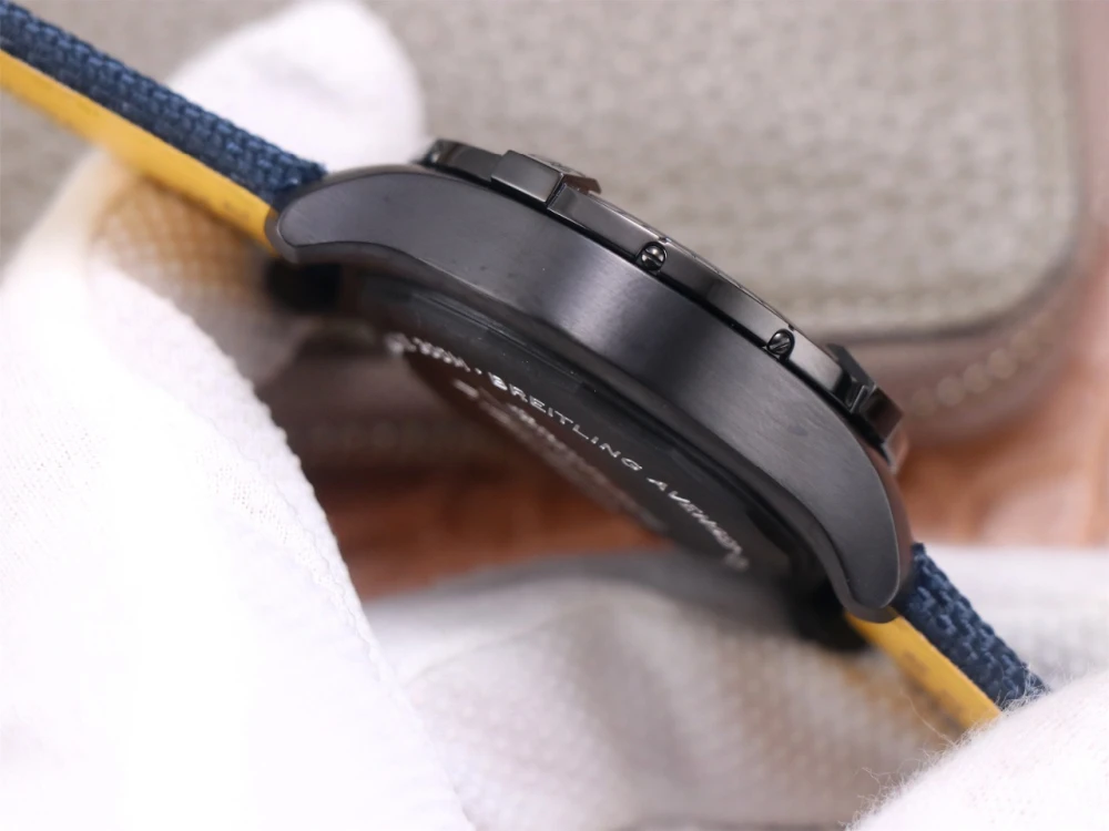 Breitling Avenger Chronograph V13317 replica black DLC case side, engraved case back edge and navy-yellow canvas strap