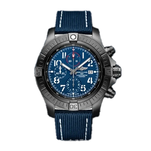 Breitling Avenger Chronograph 45mm V13375101C1X1 Matte Black Stainless steel case Mens watch with blue dial Red chronograph sub dials and date window at 3 oclock and Nylon strap