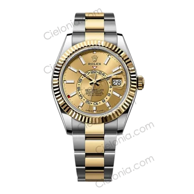 M326933 0001 cielonia watches Rolex SkyDweller M326933 Oyster Perpetual 904L steel with Gold dial and silver gold tone watch bracelet