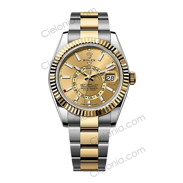 Rolex SkyDweller M326933 Oyster Perpetual 904L steel with Gold dial and silver gold tone watch bracelet