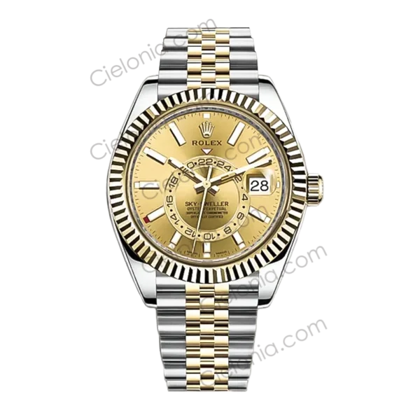 Rolex SkyDweller M326933 Jubilee 904L steel with Gold dial and silver gold tone watch bracelet