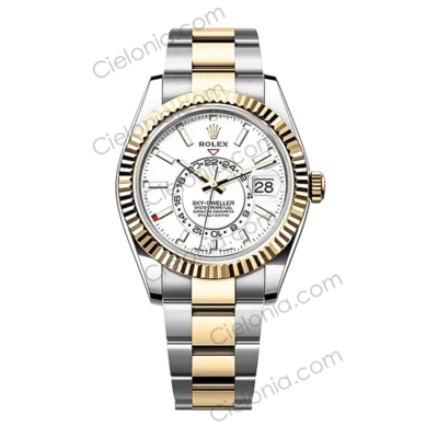 M326933 0009 cielonia watches Rolex SkyDweller Oyster Perpetual 904L steel with white dial and silver gold tone watch bracelet