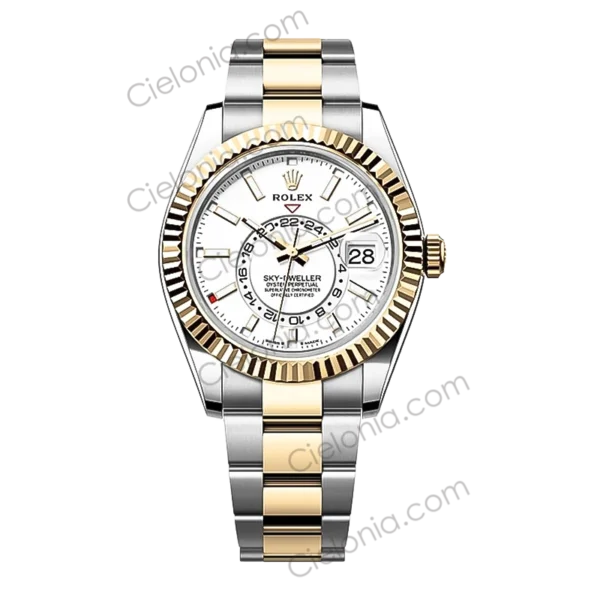 Rolex SkyDweller Oyster Perpetual 904L steel with white dial and silver gold tone watch bracelet