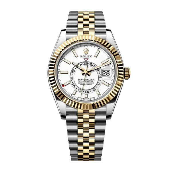 Rolex SkyDweller Jubilee 904L steel with white dial and silver gold tone watch bracelet