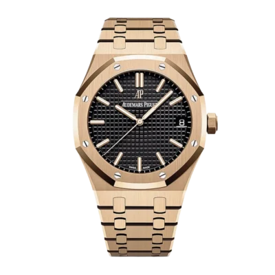 Audemars Piguet Royal Oak Automatic Men's Watch, Black Tapisserie Dial, 18K Rose Gold Plated Stainless Steel Case & Bracelet, Swiss Made Luxury Wristwatch