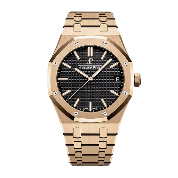 Audemars Piguet Royal Oak Automatic Men's Watch, Black Tapisserie Dial, 18K Rose Gold Plated Stainless Steel Case & Bracelet, Swiss Made Luxury Wristwatch