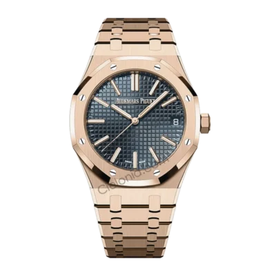 Audemars Piguet Royal Oak Automatic Men's Watch, Blue Tapisserie Dial, 18K Rose Gold Plated Stainless Steel Case & Bracelet, Swiss Made Luxury Wristwatch