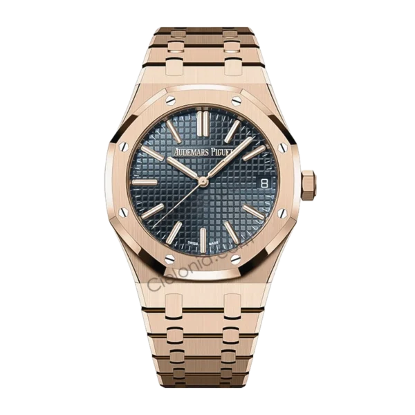 Audemars Piguet Royal Oak Automatic Men's Watch, Blue Tapisserie Dial, 18K Rose Gold Plated Stainless Steel Case & Bracelet, Swiss Made Luxury Wristwatch