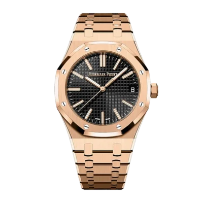 Audemars Piguet Royal Oak Automatic Men's Watch, Black Tapisserie Dial, 18K Rose Gold Plated Stainless Steel Case & Bracelet, Swiss Made Luxury Wristwatch