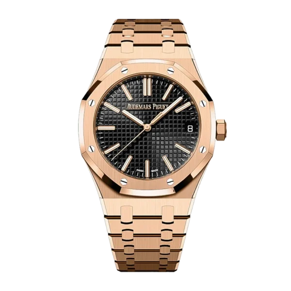 Audemars Piguet Royal Oak Automatic Men's Watch, Black Tapisserie Dial, 18K Rose Gold Plated Stainless Steel Case & Bracelet, Swiss Made Luxury Wristwatch