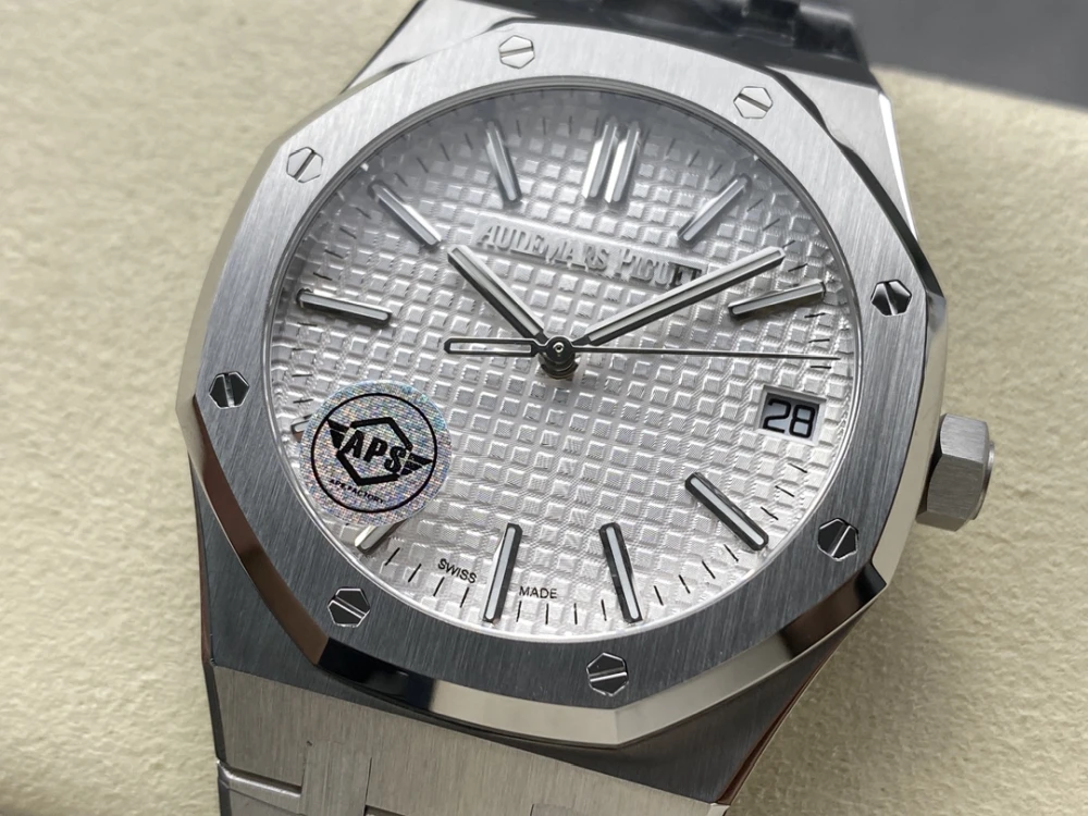 AP Royal Oak White Dial Watch Close-up, Audemars Piguet Branding, Date Display Brushed Stainless Steel Bezel