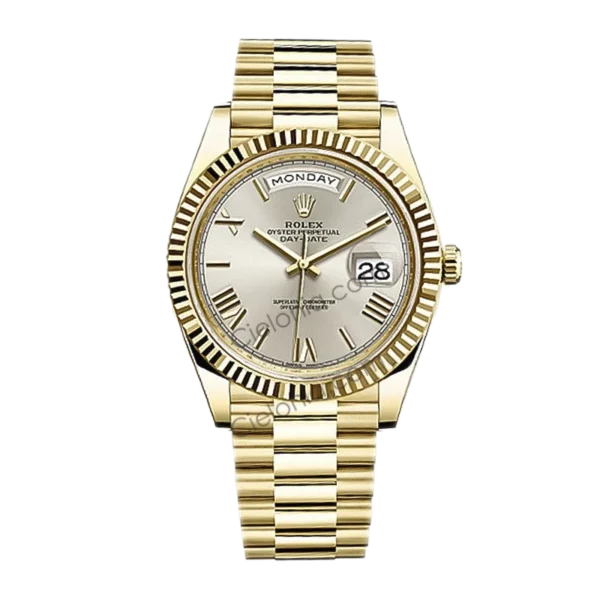 Rolex Day-Date 40mm 228238 Yellow Gold watch Silver Roman Dial on President Bracelet A3255