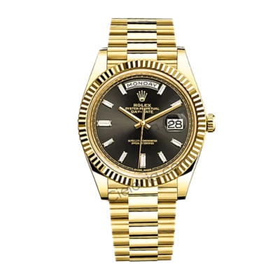 228238 0004 Rolex Day-Date 40mm 228238 Yellow Gold watch Black Dial Baguette Diamond Hour Markers on President Bracelet A3255