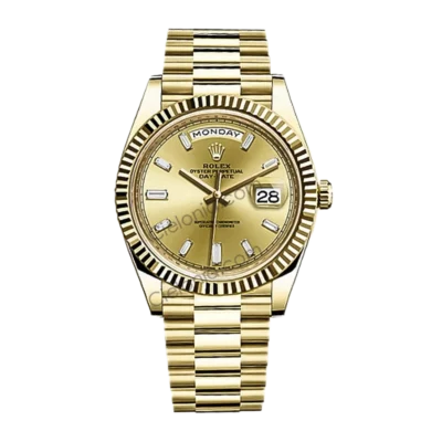 228238 0005 Rolex Day-Date 40mm 228238 Yellow Gold watch Gold Dial Baguette Diamond Hour Markers on President Bracelet A3255