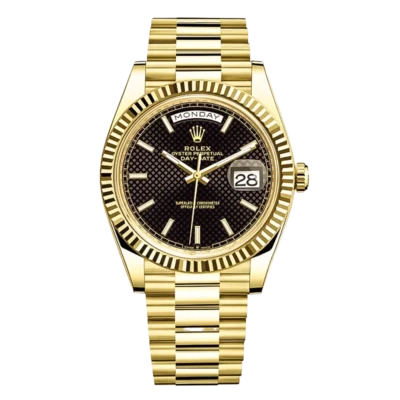228238 0007 Rolex Day-Date 40mm 228238 Yellow Gold watch Black Grid Dial Baguette Hour Markers on President Bracelet A3255