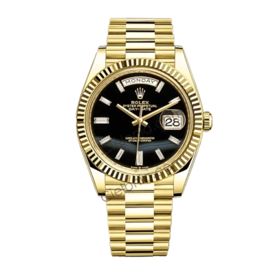 228238 0059 Rolex Day-Date 40mm 228238 Yellow Gold watch Black Dial Baguette Diamond Hour Markers on President Bracelet A3255