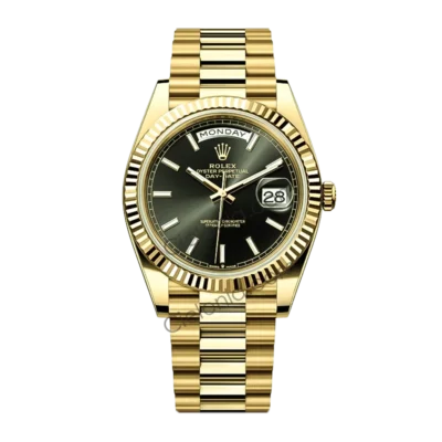228238 0067 Rolex Day-Date 40mm 228238 Yellow Gold watch Black Dial Baguette Hour Markers on President Bracelet A3255