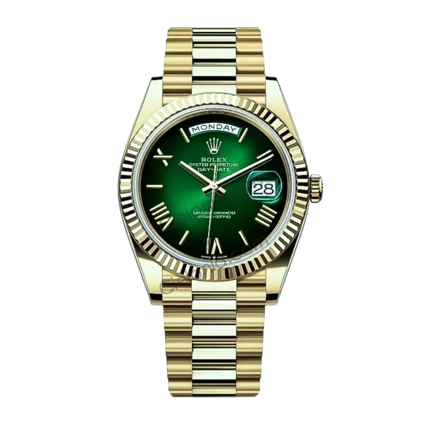 Rolex Day-Date 40mm 228238 Yellow Gold watch Gradient Green Roman Dial on President Bracelet A3255