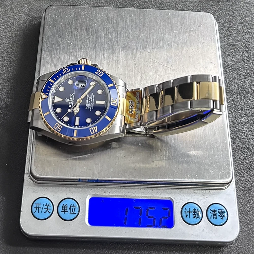 ARF Factory 41mm Submariner replica, highlighting blue ceramic bezel, Two-tone gold-plated watch with weight 175g