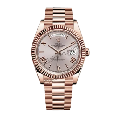 Rolex Day-Date 40mm 228235 Everose Gold watch with sundust dial, Roman numeral hour markers, fluted bezel President Bracelet on 3255