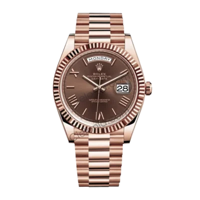 Rolex Day-Date 40mm 228235 Everose Gold watch with chocolate baguette diamond dial, fluted bezel, and President bracelet