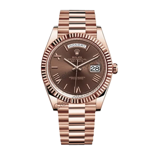 Rolex Day-Date 40mm 228235 Everose Gold watch with chocolate baguette diamond dial, fluted bezel, and President bracelet