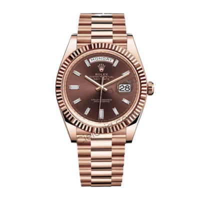 Rolex Day-Date 40mm Everose Gold Chocolate Dial Fluted Bezel President Bracelet Watch 228235
