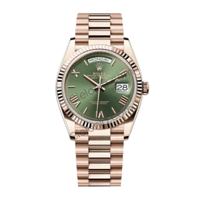 Rolex Day-Date 40mm 228235 Everose Gold watch with Green sun dust dial, Roman numeral hour markers, fluted bezel President Bracelet on asia 3255